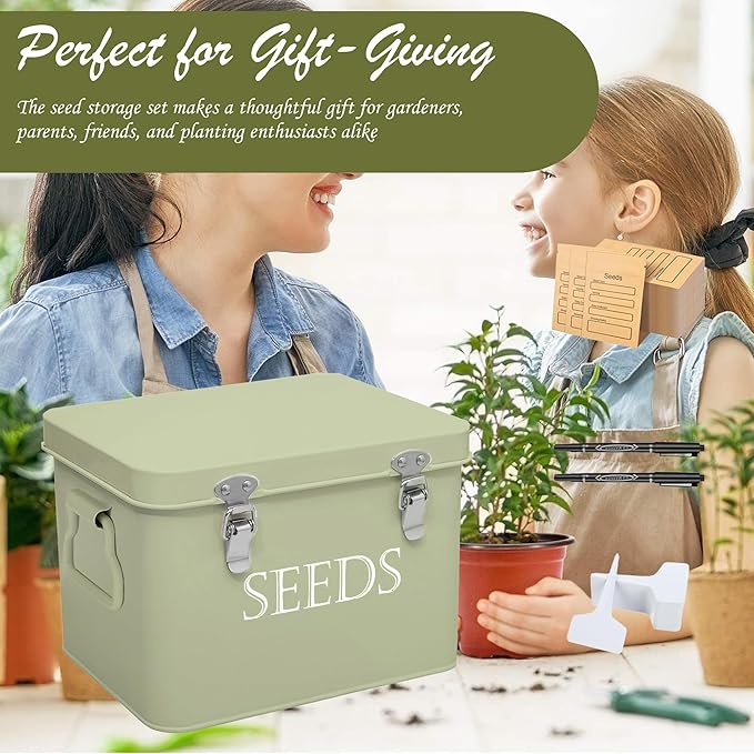 Seed Storage Box, Professional All-in-one Kit with 2 Pens, 20 Plant Labels and 50 Seed Envelopes, Metal Storage Organizer, Saving Box, Seed Packet Container, Green
