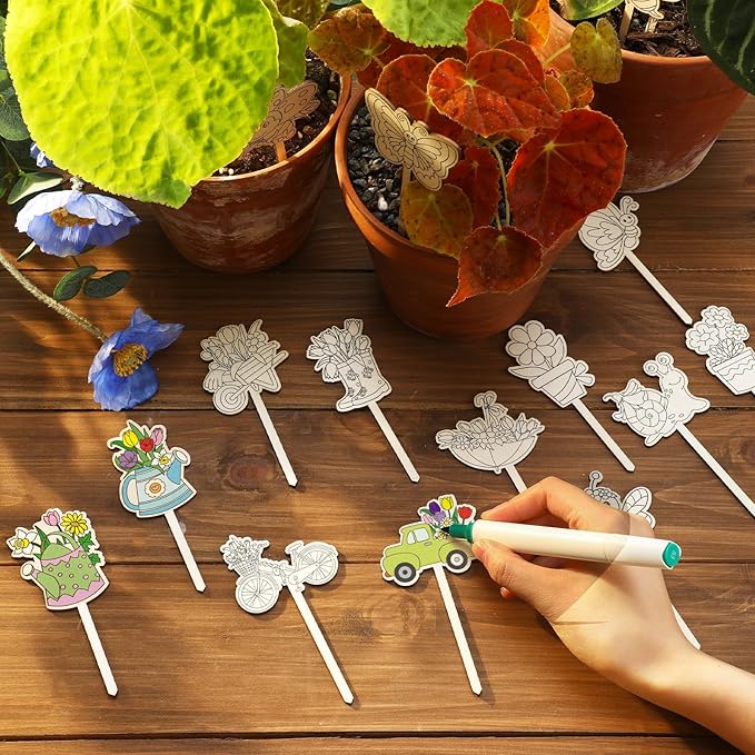 15 Pcs Wooden Spring Plant Stakes Crafts Color Your Own Spring Sticks for Plant DIY Craft Kits Unfinished Wood Cutouts Butterfly Watering Can Snail Flower Shape for Gardener Gardening Gifts