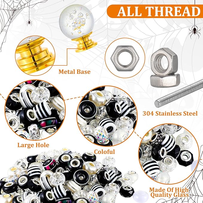 Tigeen 236 Pcs Garden Stake DIY Fairy Wand Plant Stake with 12 Colorful Crystal Stopper Top 12 Threaded Rod with 200 Large Hole Bead for Spring Summer Holiday Outdoor Decorations(Dark Witchy)