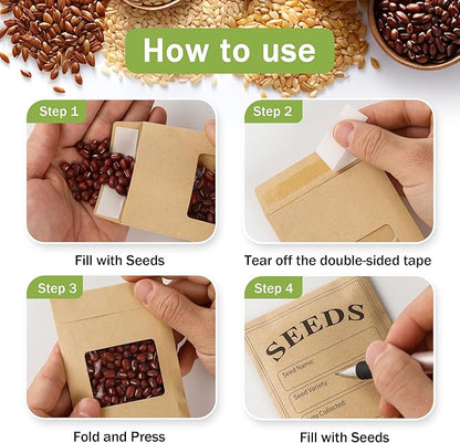 100 PCS Seed Packets Clear Envelopes, Self Sealing Kraft Bags 3.15”x 4.72”, Seed Storage Organizer Mini Envelopes with Preprinted Collecting Template for Flower Vegetable Seed Collection(A style)