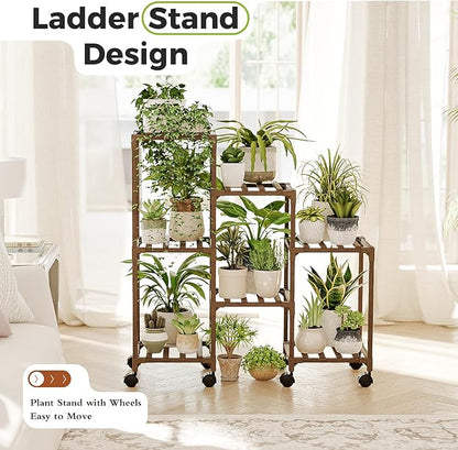 Bamworld Plant Stand with Wheels for Indoor Plants Wood Outdoor Tiered Shelf 3 Tire 7 Potted Ladder Plant Holder Table Pot Stand for Window Garden Balcony Patio Living Room (natureDL)