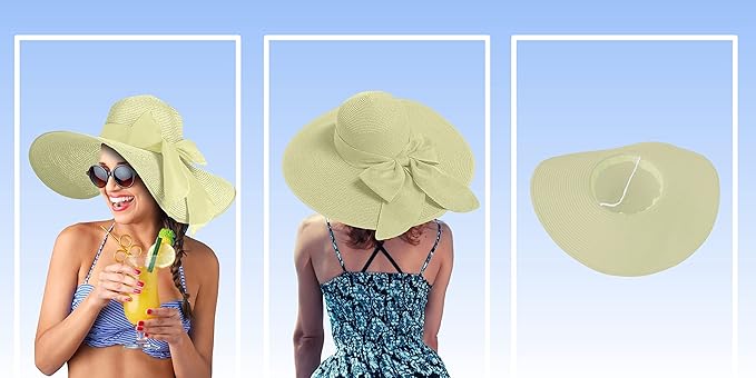 Women's Wide Brim UPF 50+ Straw Sun Hat with Bow - Foldable Packable Summer Beach Hat with Chin Strap