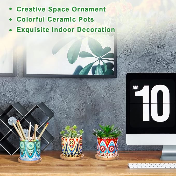 Zopeal 12 Pcs 3 Inch Mandala Ceramic Succulent Pots with Bamboo Trays, Small Indoor Cactus Planters with Drainage Holes for Desk, Windowsill and Home Decor