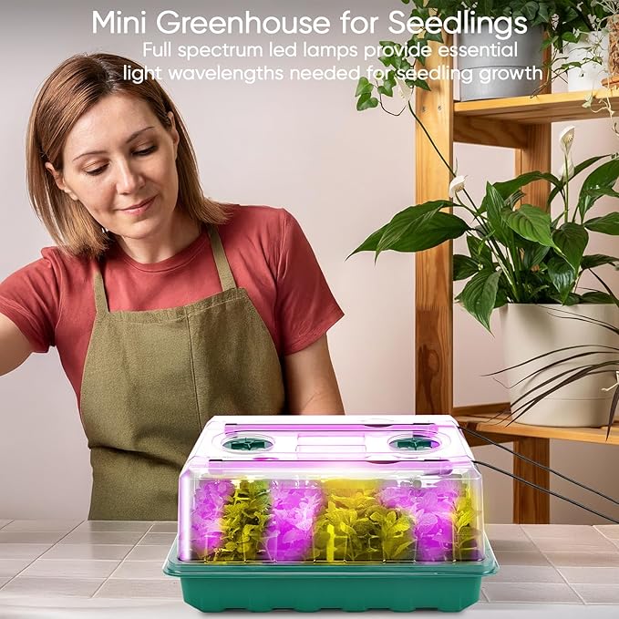 Upgraded 96 Cells Seed Starter Tray with Grow Light, Seed Starting Trays with Adjustable Humidity Dome, Seed Starter Kit Plant Starter Kit for Seeds Growing Starting, Indoor Gardening, Greenhouse