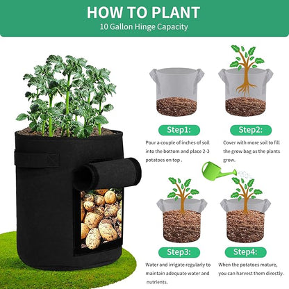 5-Pack 10 Gallon Grow Bags with Harvest Window Thickened 300g Nonwoven Fabric Heavy Duty Plant Pots for Vegetables Potato Tomatoes Carrots Gardening Containers with Reinforced Handles Black