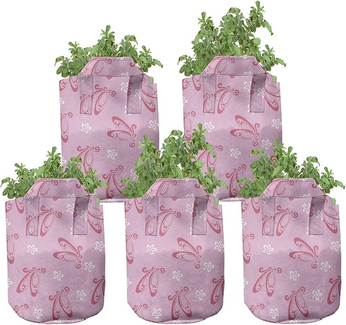 Ambesonne Ballet Grow Bags 5-Pack, Pointe Shoes with Flowers, Heavyduty Fabric Pots with Handles for Plants, Pink White
