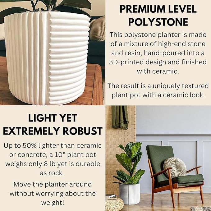Fox & Fern 10 Inch Plant Pot with Drainage Plug — Premium Polystone White Plant Pot - Modern Planter with 3D Texture and Ceramic Finish - 10 Inch Pots for Plants Indoor & Outdoor