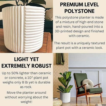 Fox & Fern 10 Inch Plant Pot with Drainage Plug — Premium Polystone White Plant Pot - Modern Planter with 3D Texture and Ceramic Finish - 10 Inch Pots for Plants Indoor & Outdoor