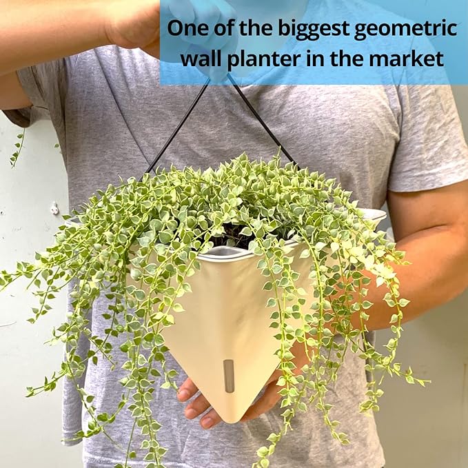 LaLaGreen Wall Planters for Indoor Plants - 2 Pack, 12 Inch Large Self Watering White Geometric Hanging Flower Vase Vessel with Metal Hanger, Modern Stylish Wall Mounted Succulent Pot Holder Decor
