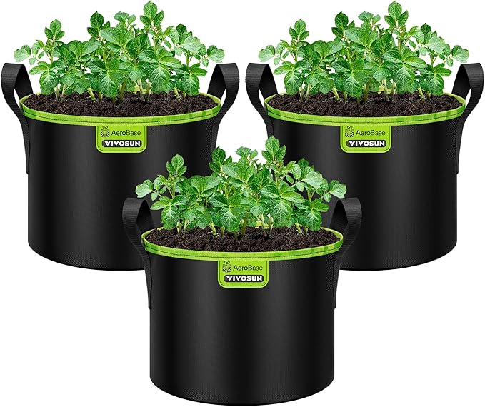 VIVOSUN 3-Pack 5-Gallon AeroBase Grow Bags, Durable Mesh Fabric Plant Container with Breathable Base and Sturdy Handles, Black