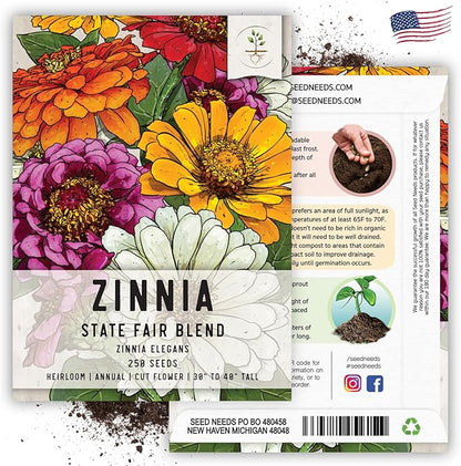 Seed Needs, Mixed State Fair Zinnia Seeds - 250 Heirloom Seeds for Planting Zinnia Elegans - Annual Flowers to Attract Butterflies & Other Pollinators, Great Cut Flower (5 Packs)