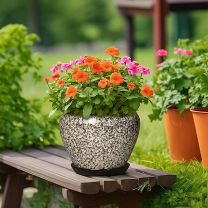 Ceramic Pots for Plants - 10 Inch Planters for Indoor Outdoor Plants, Decorative Plant Pots with Drainage Hole and Saucer, Large Plant Pot, Living Room Decor, Gardening Gifts, White Leopard