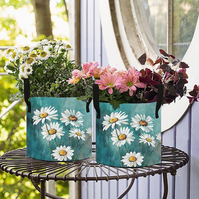 5 Gallon Art White Daisy Flowers Turquoise Grow Bag Heavy Duty Thickened Plant Pot Containers with Handles for Potato Tomato Flowers Fruits Vegetables