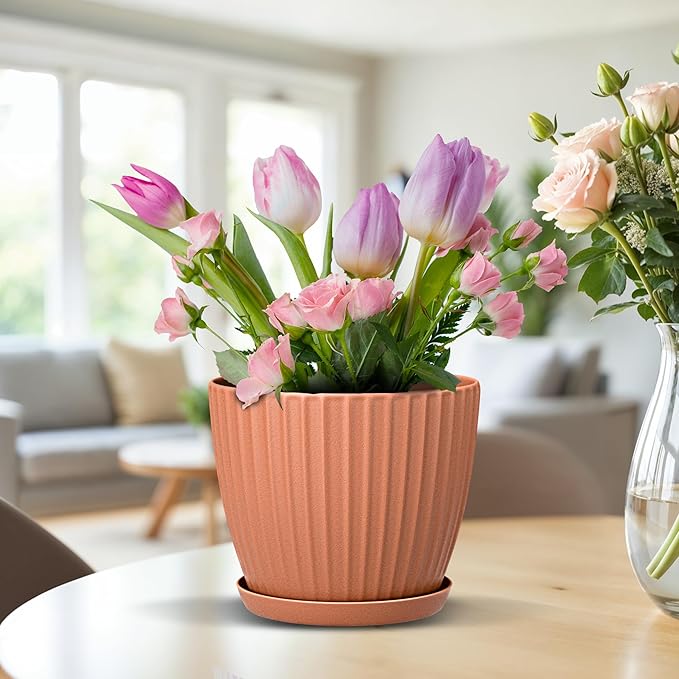 Terracotta 6-Inch Plant Pots with Drainage & Saucers 6 Pack, Indoor & Outdoor Planters for Houseplants, Herbs, and Flowers, Durable & Weatherproof Material, Stackable, Lightweight, Minimalist Design