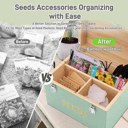 Professional-Designed Bamboo Seed Storage Box with Built-in Hygrometer, Double-Layer Airtight Lid and Safety Lock, Temperature-Stable Wooden Seed Organizer for Preservation, Great Gifts for Gardener