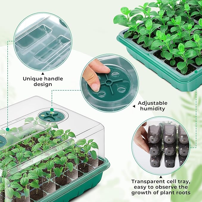 192 Cells Seed Starter Tray, 4 Packs Seed Starter Kit with Humidity Vented Domes and High Lid, Germination Kit for Indoor Greenhouse Seed Starter