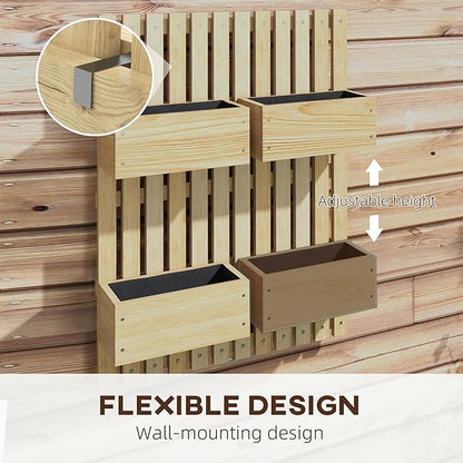 Outsunny 4 Box Raised Garden Bed with Trellis for Vine Flowers & Climbing Plants, 31.5" Tall Wall-Mounted Wood Planter Box Set with Adjustable Height, Drainage Hole, Natural