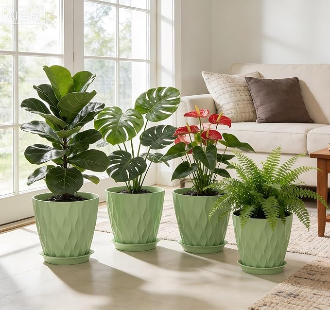 8 Inch Plant Pots, 4 Pack Plastic Planters for Indoor Outdoor with Drainage Holes & Saucers, Waffle Texture Flower Pots for Indoor Plants, Indoor Plant Pots for Monstera, Fiddle Leaf Fig, Green