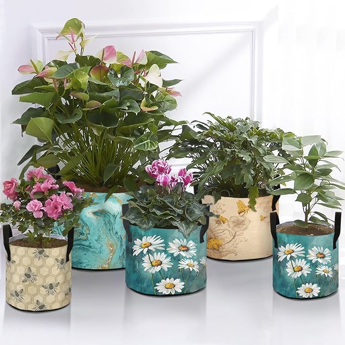 5 Gallon Art White Daisy Flowers Turquoise Grow Bag Heavy Duty Thickened Plant Pot Containers with Handles for Potato Tomato Flowers Fruits Vegetables