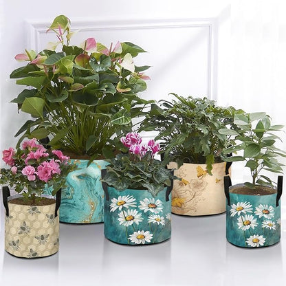 5 Gallon Art White Daisy Flowers Turquoise Grow Bag Heavy Duty Thickened Plant Pot Containers with Handles for Potato Tomato Flowers Fruits Vegetables