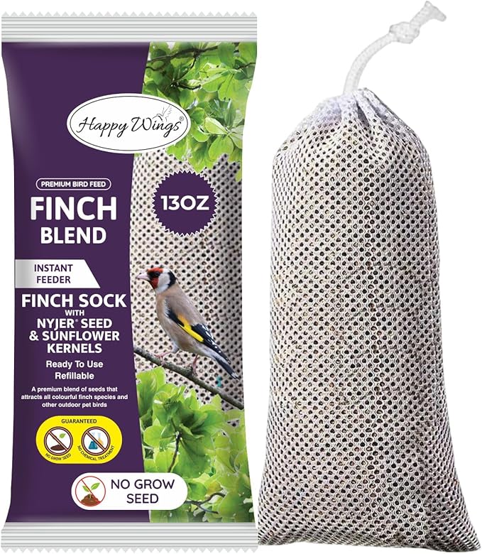 Happy Wings Finch Blend Bird Food, Mix of Sunflower Hearts/Kernels and Nyjer Seed Wild Bird Food-13 Ounce | Prefilled Sock | No Grow Seed I Bird Seeds for Wild Birds