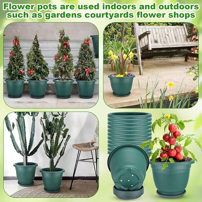 12 Pcs 8+'' Plastic Plant Pots Round Planter Pots with Saucer Tray Seedling Pot Hole Seed Resin Plant Pot Starting Nursery Flower Container with Pallet for Garden Outdoor Indoor (Green)