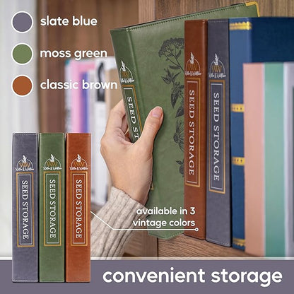 Willow and Wildflower Garden Seed Organizer Binder, Seed Storage Organizer, Garden Binder Book for Packet Storage Catalog Can Store 120 Packets with Dibber and Widger (Slate Blue)