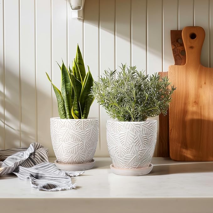 EFISPSS Ceramic Plant Pots, 6 Inch Ceramic Planter Pot with Drainage Hole and Saucer, Indoor Modern Flower Pots, Set of 2 - White