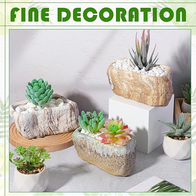 6 Pcs 5.3 Inch Ceramic Succulent Pots Stone Shape Bulk Rectangle Window Box Cactus Plant with Drainage Hole Succulent Planters Small Cactus Pots for Indoor Garden Office Table Decor Gift