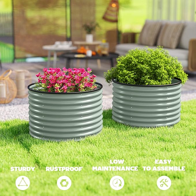Outsunny Galvanized Raised Garden Bed Set of 2, Planters for Outdoor Plants with Safety Edging, Easy-to-Assemble Stock Tanks for Growing Flowers, Herbs and Vegetables, 3' x 3' x 2', Light Green