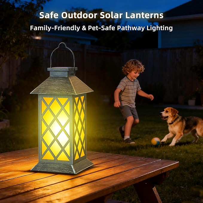 2 Pack 13" Solar Lanterns with Flickering Flame Candle, Outdoor Waterproof Hanging Lantern Lights Metal & Glass for Patio, Pathway, Garden Decorative, Gifts for Mom