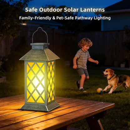 2 Pack 13" Solar Lanterns with Flickering Flame Candle, Outdoor Waterproof Hanging Lantern Lights Metal & Glass for Patio, Pathway, Garden Decorative, Gifts for Mom
