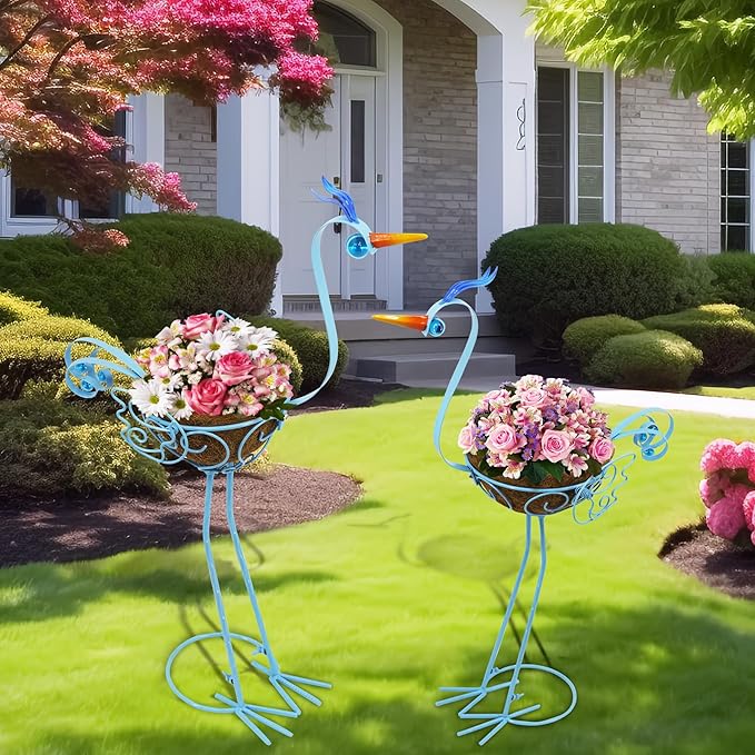 J-Fly 2 Sets Pelican Metal Flowers Plant Holders Stand with Coconut Pots, Plants Stand Indoor Flower Pots Outdoor, Room Home Living Room Front Outdoor Patio Decor, Gardening Valentine Decoration Gifts