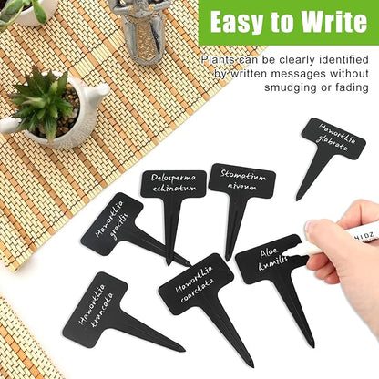 100Pcs T-Type Plant Labels, Black Durable Plastic Plant Tags with A Marker Pen, Reusable Waterproof Plant Markers for Outdoor Nursery Plants Seed