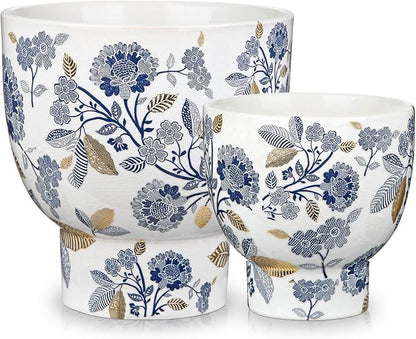 7.6/5.5 Inch Decorative Flower Pots, Blue and White Plant Pot Gold Accent Ceramic Planters for Indoor Plants Pots with Drainage Retro Planter Pot for Succulents Cactus Herb Snake Plants Outdoor Garden