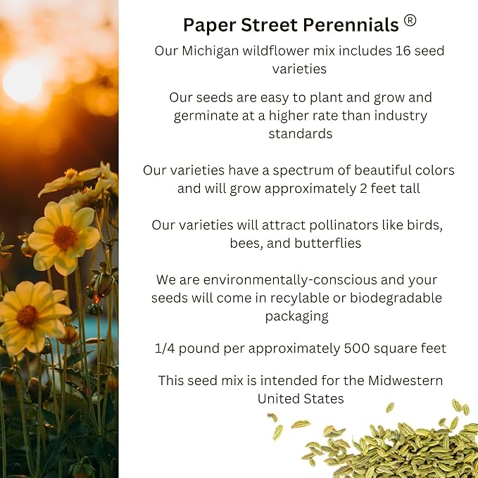Michigan Bulk Perennial Wildflower Seed Mix 1lb Covers 2,000sq-ft - Attract Pollinators, Multi-Color Blooms - Midwest US Species Plant in Spring/Fall - Earth-Friendly Packaging (1/2 Pound)