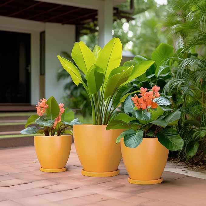 Ceramic Planters - 10+8+6 Inch Round Flower Pots for Indoor Outdoor, Decorative Plant Pots with Drainage Holes and Plant Saucers, Home Decor, Gardening Gifts for Women, Set of 3, Orange