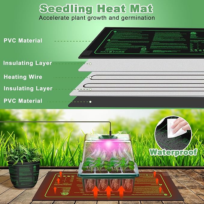 Seed Starter Trays with Grow Lights and Heat Mat, Plant Starting Kit 4 Timing Set Humidity Domes Heightened Lids for Small Mini Greenhouse Germination Seeds Growing Starting (6SET 6TRAY 72 SMALL CELL)