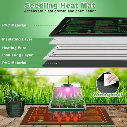 Seed Starter Trays with Grow Lights and Heat Mat, Plant Starting Kit 4 Timing Set Humidity Domes Heightened Lids for Small Mini Greenhouse Germination Seeds Growing Starting (6SET 6TRAY 72 SMALL CELL)