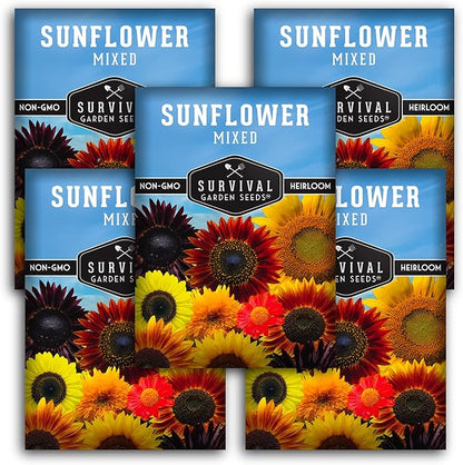 Mixed Sunflower Seeds for Planting | Colorful Blend of Heirloom Varieties for Cut Flowers & Pollinators – Heirloom Non-GMO – Survival Garden Seeds (5 Packs)