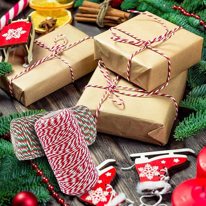 2 x Christmas Cotton Twine, 2 mm 100 m Green and Red and White Cotton Twine for Christmas Gift Packaging, Baking, Cooking, DIY and Decoration