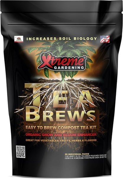 Xtreme Gardening Xtreme Tea Brews – Compost Tea Kit, 10-Pack 80g Pouches, Each Brews 5 Gallons, Bloom Booster & Yield Booster with Worm Castings & Microbe Food Pack, Works with Any Fertilizer Program