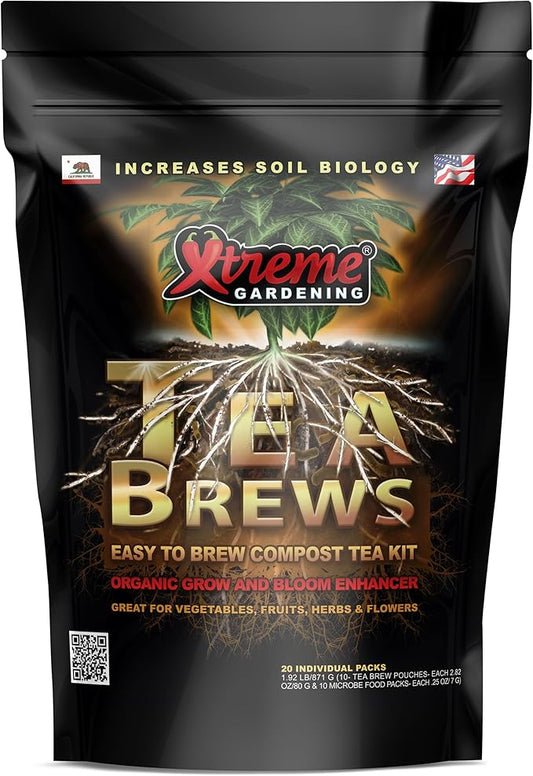 Xtreme Gardening Xtreme Tea Brews – Compost Tea Kit, 10-Pack 80g Pouches, Each Brews 5 Gallons, Bloom Booster & Yield Booster with Worm Castings & Microbe Food Pack, Works with Any Fertilizer Program