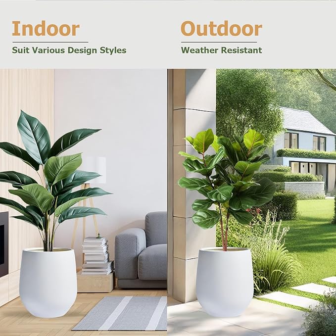 21" H x 19" D Corso Fiberstone Round Tapered Planter with Drainage Hole, Smooth Finishes, Weather Resistant for Indoor and Outdoor Use, Included 2 Extra Coco Mats (White, 15" Pot Opening)