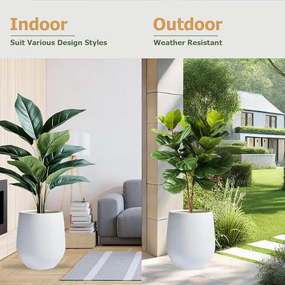 12.5"H x 11.4"D Corso Fiberstone Round Tapered Planter with Drainage Hole, Smooth Finishes, Weather Resistant for Indoor and Outdoor Use, Included 2 Extra Coco Mats (White, 9" Pot Opening)