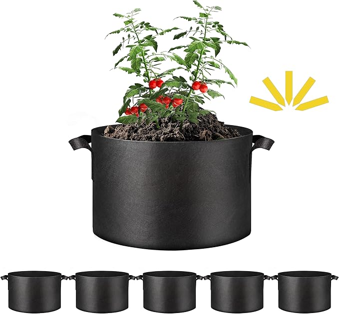 Simple Deluxe Grow Bags 20 Gallon 5 Pack Planter Pots with Handles, Thickened Nonwoven Fabric Aeration Cloth Bag, Heavy Duty Gardening for Tomoato, Potato, Vegetable and Flowers, Black with 5 Labels