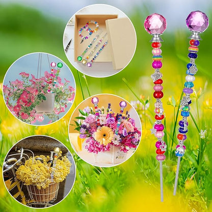 MTLEE 101 Pieces Garden Stakes Decorative Beaded Garden Stakes with Crystal Stopper Top Round Glass Bead Antique Silver Bail with Pendant Silver Bead for Outdoor Decoration (Vintage Style)