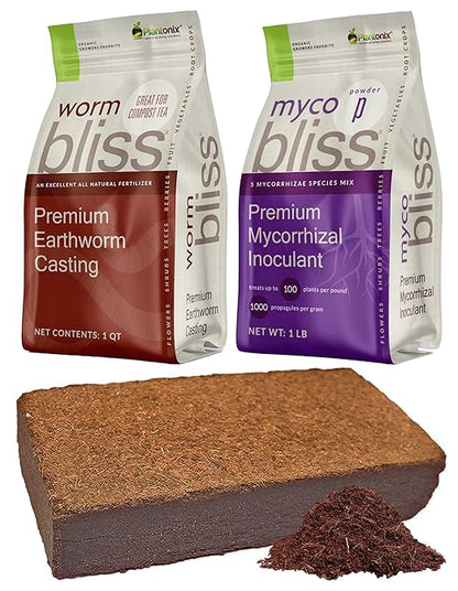 Coco Coir Brick (650gms) + Worm Bliss (1 Qt) + Myco Bliss Powder (1lb) - Organic Coco Coir for Plants - Worm Castings for Plants - Mycorrhizal Fungi Inoculant - 100% Natural Fertilizer & Potting Mix