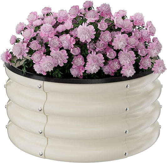 Round Galvanized Raised Garden Bed Kit, 2 x 2 x 1ft Pearl White Galvanized Garden Boxes, Outdoor for Vegetables