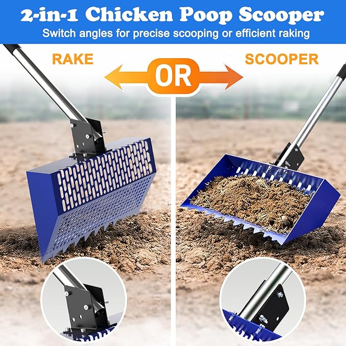 Chicken Poop Scooper, 12 Inch Large Sifting Shovel with Rake Head, 22-64" Extendable Stainless Steel Handle, 3-Angle Professional Poultry Litter Cleaner for Chicken Coop, Duck, Goat & Sand